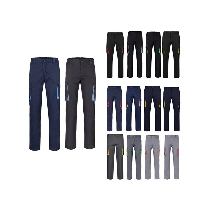 VL FIDES. Calças stretch bicolor multibolsos (240g/m²), em algodão (46%), EME (38%) e poliéster (16%)