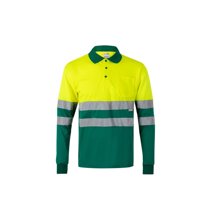 VL VULCAN. Polo bicolor bird-eye (160g/m²) de manga comprida, em poliéster (100%)