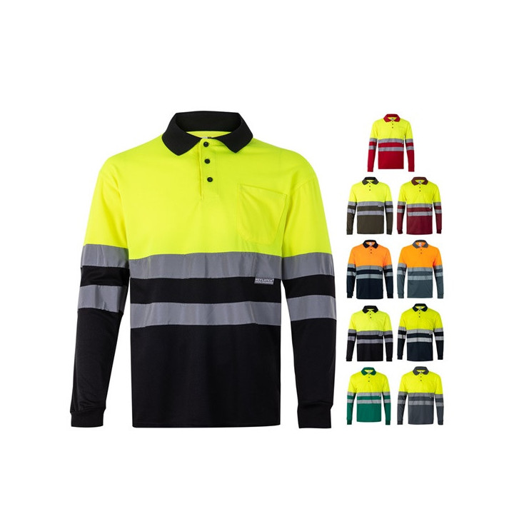 VL VULCAN LARGE. Polo bicolor bird-eye (160g/m²) de manga comprida, em poliéster (100%)