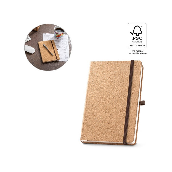 HAWKINS A5. Bloco de notas A5 em cortiça com páginas lisas em material certificado FSC™ e outros materiais controlados