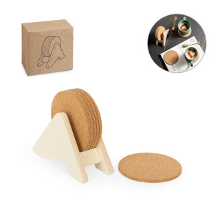 PLYCORK. Suporte em contraplacado com 6 bases para copos em cortiça