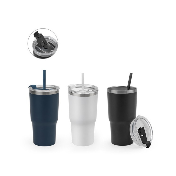 JOYNER M. Copo de viagem compacto em aço inoxidável (91% reciclado) com parede dupla isolada a vácuo e acabamento mate 600 mL