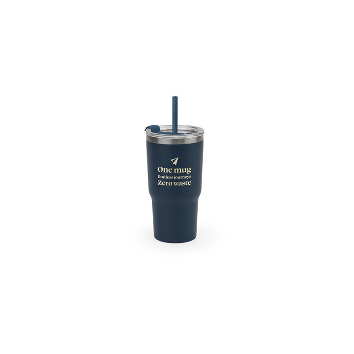 JOYNER M. Copo de viagem compacto em aço inoxidável (91% reciclado) com parede dupla isolada a vácuo e acabamento mate 600 mL