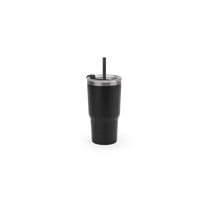 JOYNER M. Copo de viagem compacto em aço inoxidável (91% reciclado) com parede dupla isolada a vácuo e acabamento mate 600 mL
