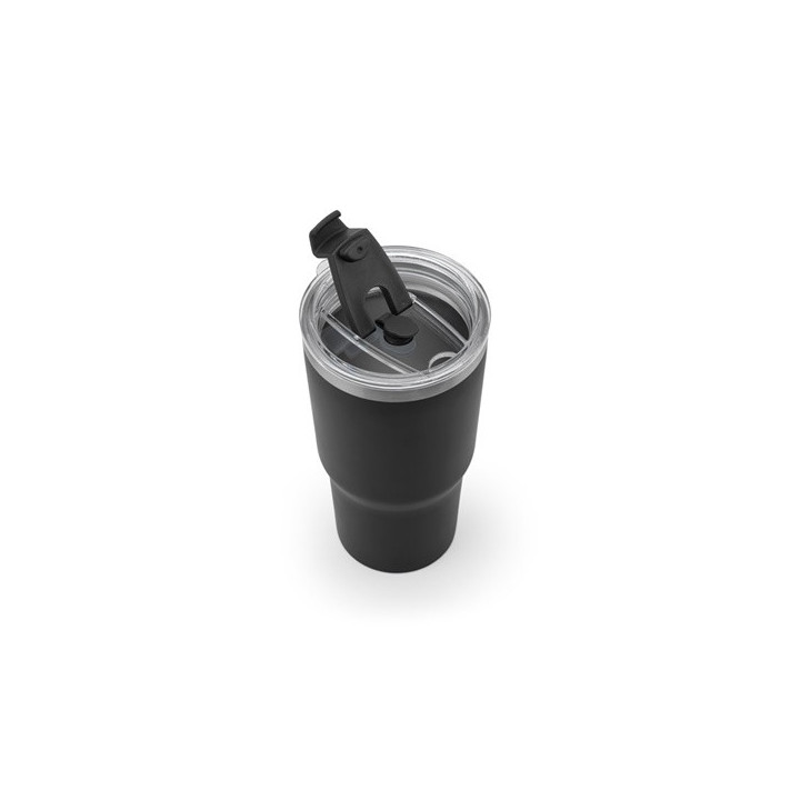 JOYNER M. Copo de viagem compacto em aço inoxidável (91% reciclado) com parede dupla isolada a vácuo e acabamento mate 600 mL