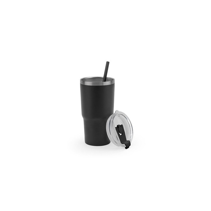 JOYNER M. Copo de viagem compacto em aço inoxidável (91% reciclado) com parede dupla isolada a vácuo e acabamento mate 600 mL