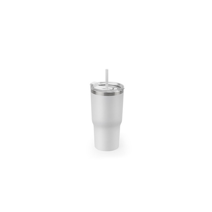 JOYNER M. Copo de viagem compacto em aço inoxidável (91% reciclado) com parede dupla isolada a vácuo e acabamento mate 600 mL