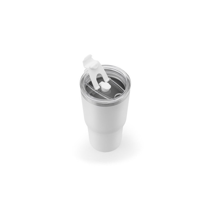 JOYNER M. Copo de viagem compacto em aço inoxidável (91% reciclado) com parede dupla isolada a vácuo e acabamento mate 600 mL