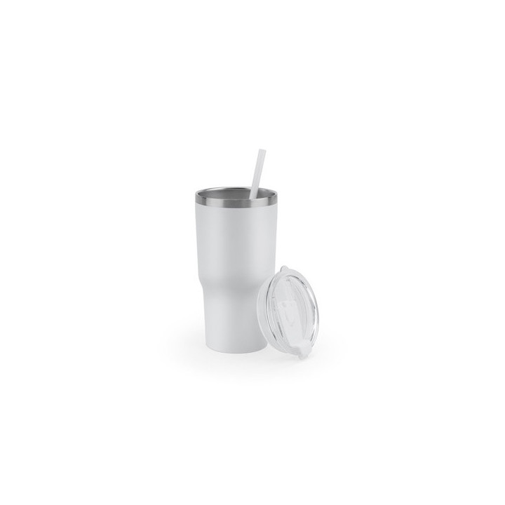 JOYNER M. Copo de viagem compacto em aço inoxidável (91% reciclado) com parede dupla isolada a vácuo e acabamento mate 600 mL