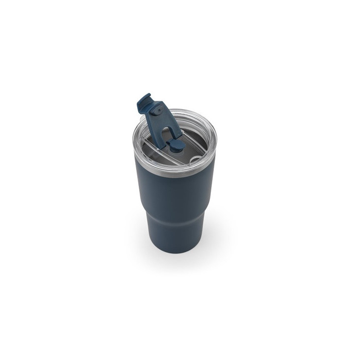 JOYNER M. Copo de viagem compacto em aço inoxidável (91% reciclado) com parede dupla isolada a vácuo e acabamento mate 600 mL