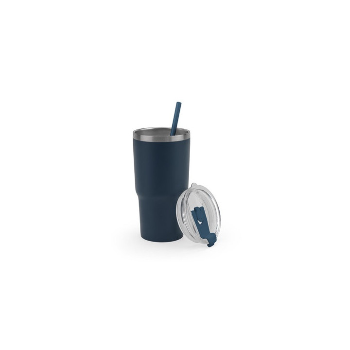 JOYNER M. Copo de viagem compacto em aço inoxidável (91% reciclado) com parede dupla isolada a vácuo e acabamento mate 600 mL