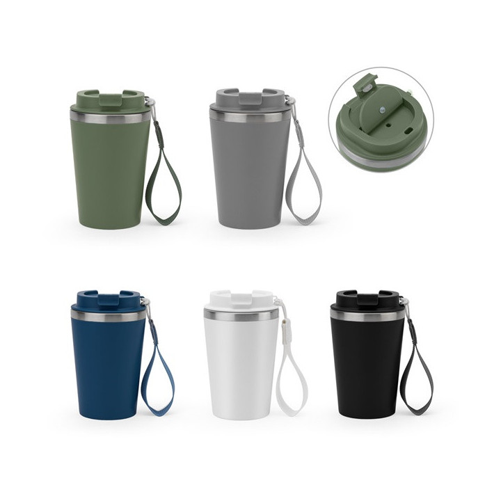 SPITZ. Copo de viagem em aço inoxidável (90% reciclado) e parede externa em PP, com acabamento em mate 440 mL