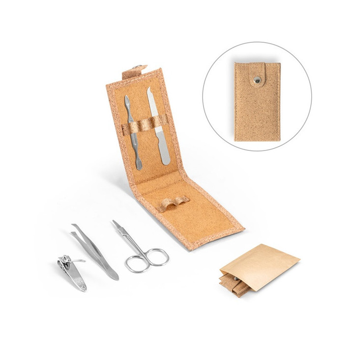 ZENA. Conjunto de manicure em cortiça com peças em aço inoxidável