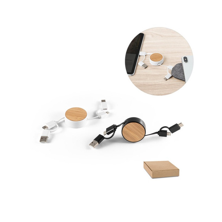 RUBINS. Cabo USB retrátil 6 em 1 em ABS reciclado (100% rABS) e bambu
