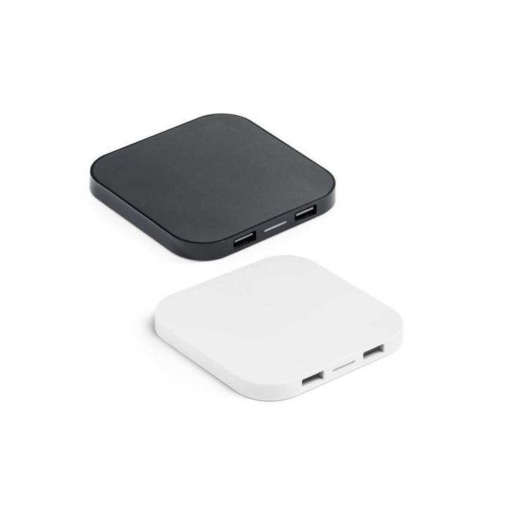 CAROLINE. Carregador wireless super rápido 15W com HUB 2 portas USB-A em ABS reciclado (60% rABS)