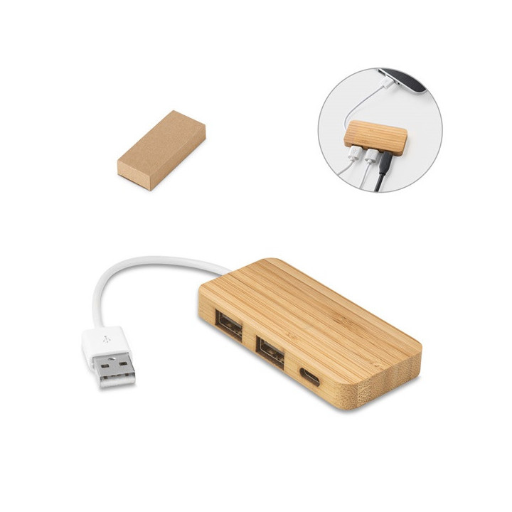 MOSER. HUB com 2 portas USB-A e 1 USB-C em bambu