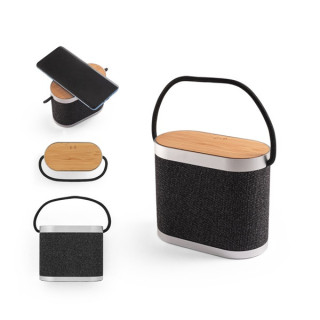GUETTA. Coluna de som portátil de 5W com carregador wireless super rápido 15W e 2h de autonomia em bambu e PET reciclado (10...