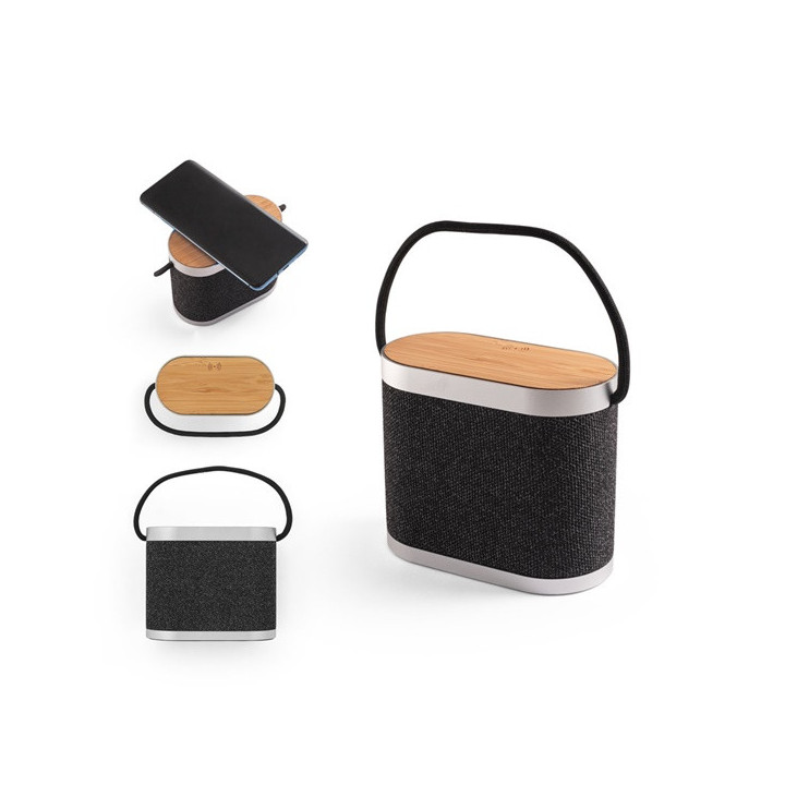 GUETTA. Coluna de som portátil de 5W com carregador wireless super rápido 15W e 2h de autonomia em bambu e PET reciclado (10...
