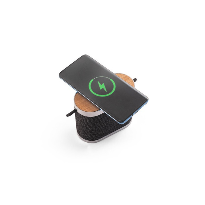 GUETTA. Coluna de som portátil de 5W com carregador wireless super rápido 15W e 2h de autonomia em bambu e PET reciclado (10...