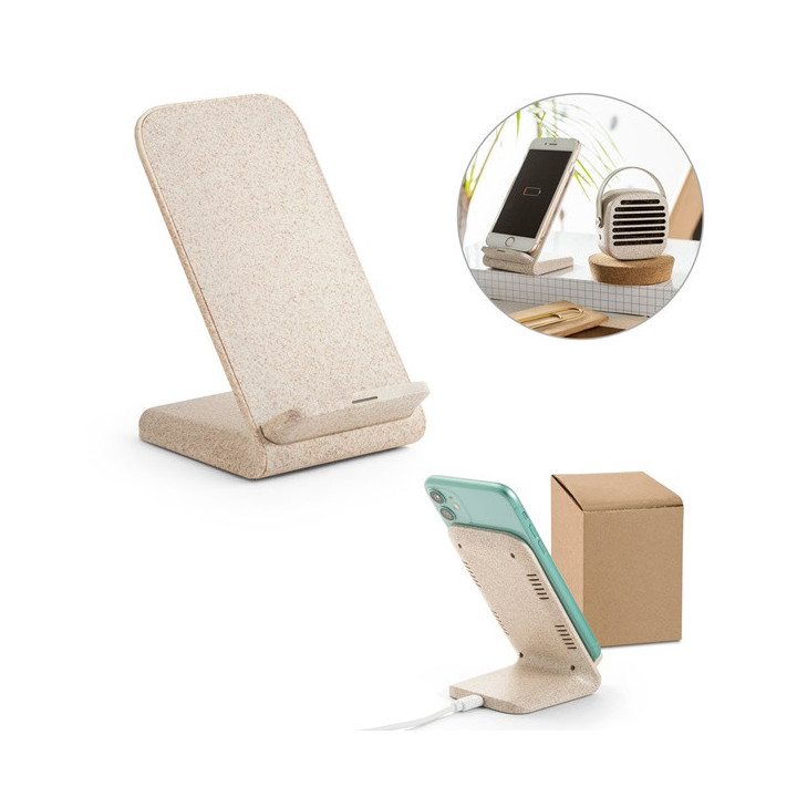 ENGLERT. Suporte para smartphone com carregador wireless super rápido 10W em ABS reciclado (70% rABS) e fibra de palha de trigo